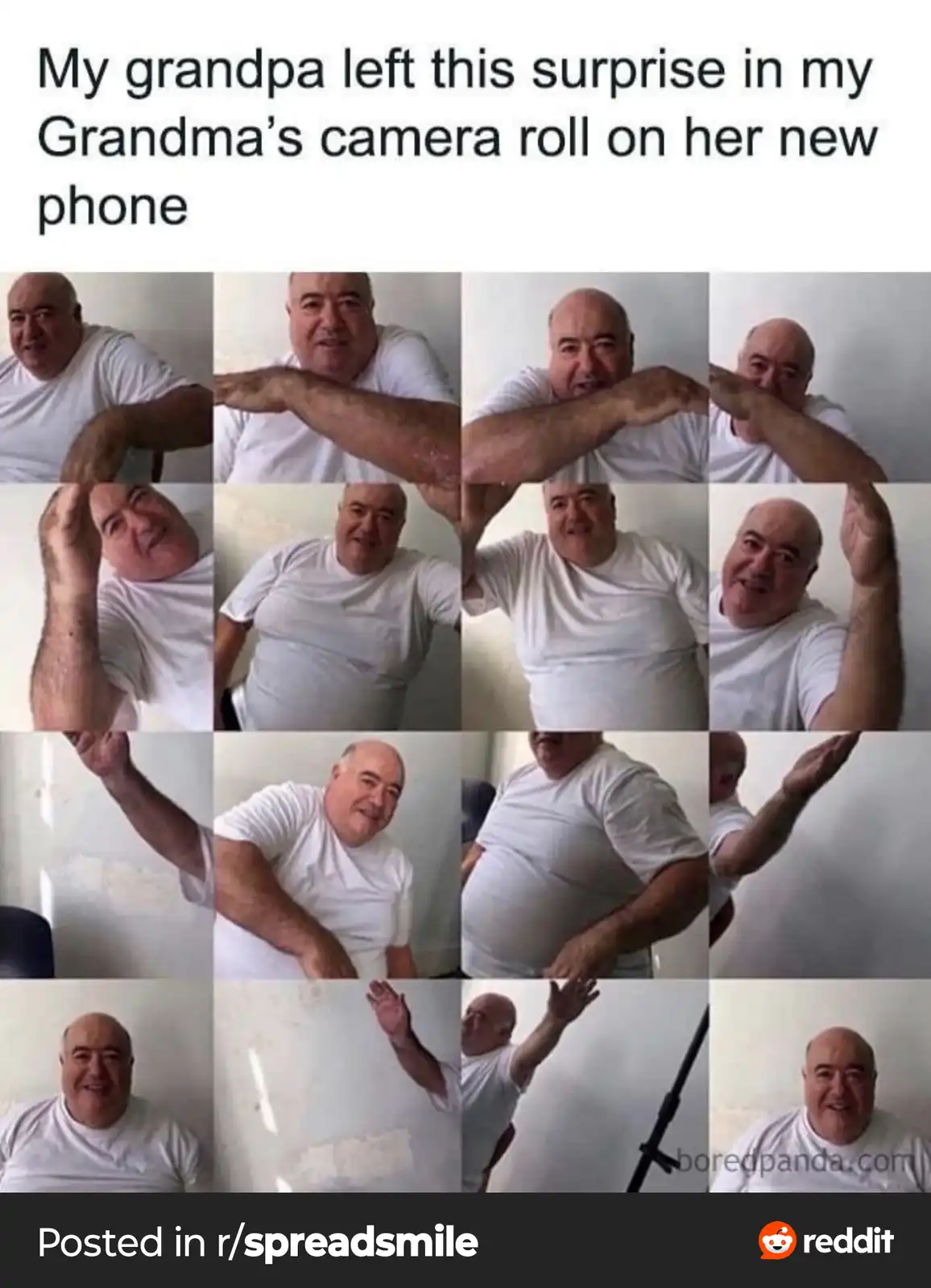 A grid of 16 photos shows a bald, heavyset man in a white t-shirt making various playful poses, including flexing his arms…