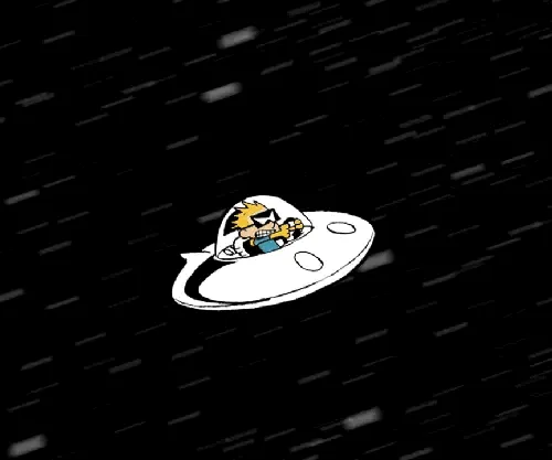 The image shows a cartoon alien in a flying saucer against a starry background, repeated in two rows. The alien has spiky…