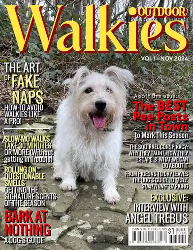 A white fluffy dog sits on a stone path in a wooded area, overlaid with text mimicking a magazine cover titled 'OUTDOOR…