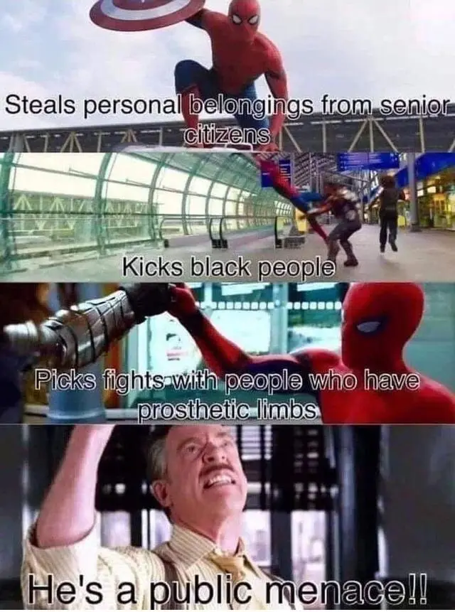 A four-panel meme featuring Spider-Man in various scenes, each with overlaid text accusing him of increasingly absurd…