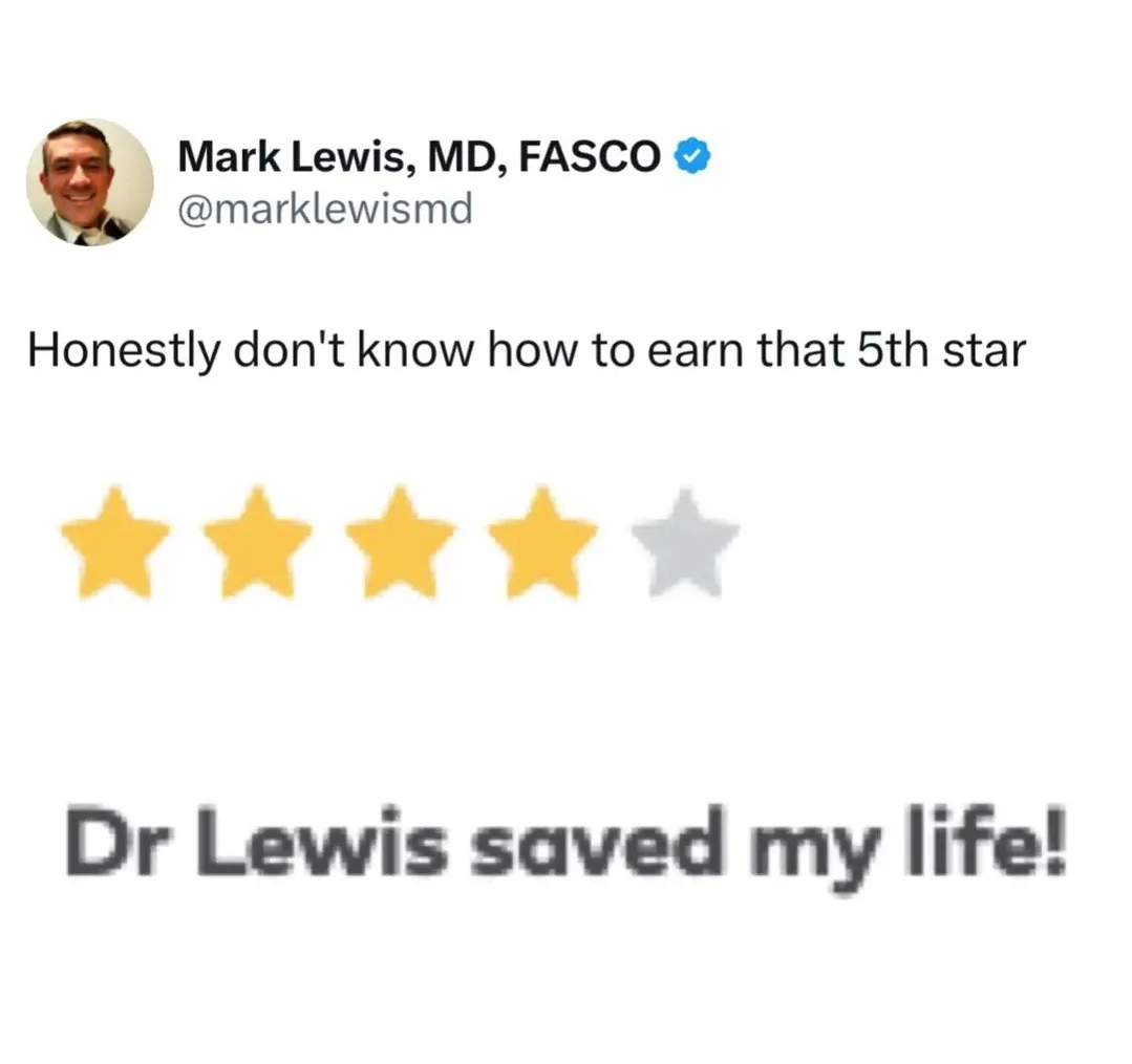 A screenshot of a tweet from Mark Lewis, MD, FASCO, showing four filled yellow stars and one empty gray star. The tweet text…