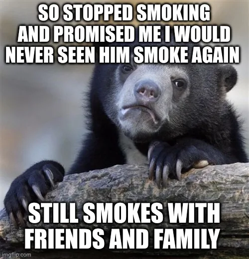 A black bear with a sad, disappointed facial expression is leaning on a log. White bold text overlaid on the image reads…