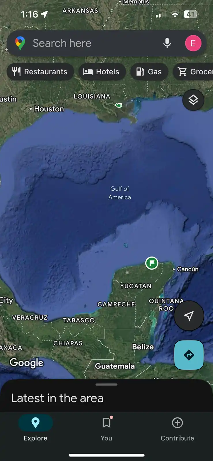 A Google Maps screenshot showing the Gulf of Mexico labeled as 'Gulf of America' with the user's location pin near Cancún…