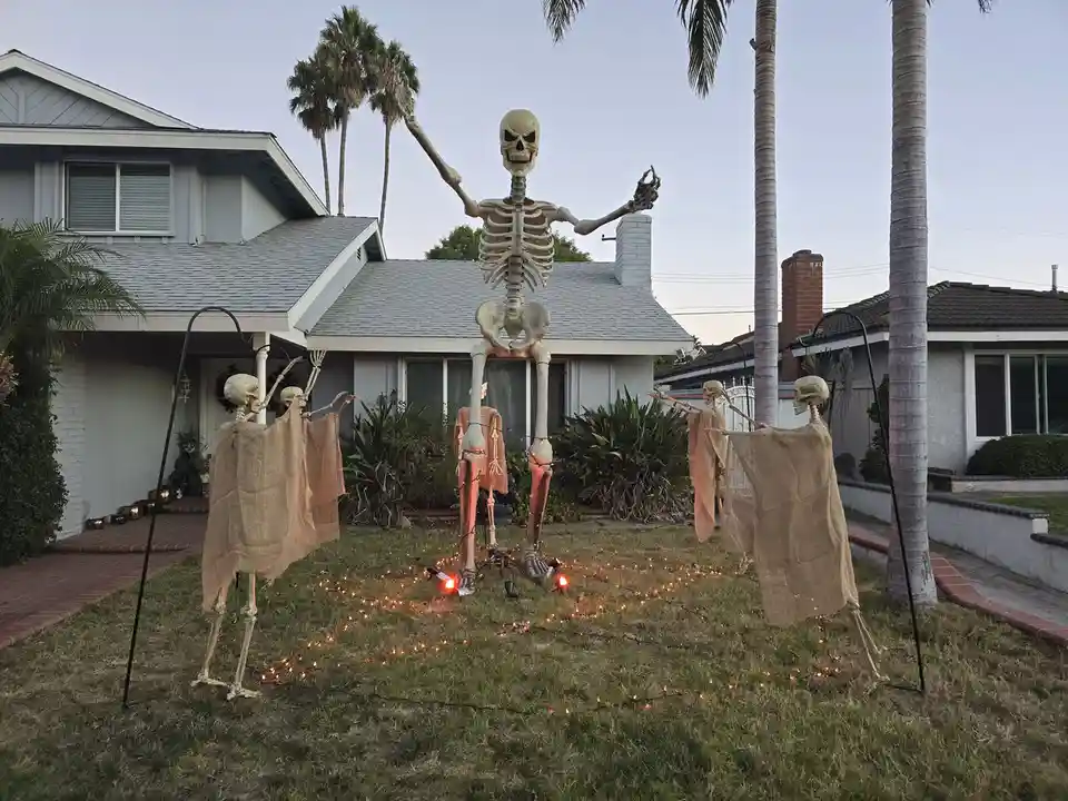 A large, full-sized skeleton decoration stands in a suburban front yard, arms raised, surrounded by smaller skeletons draped…