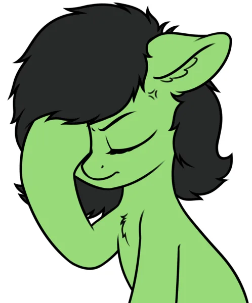 A green-skinned cartoon character with dark hair and pointed ears is shown in profile, eyes closed and smiling while wiping…