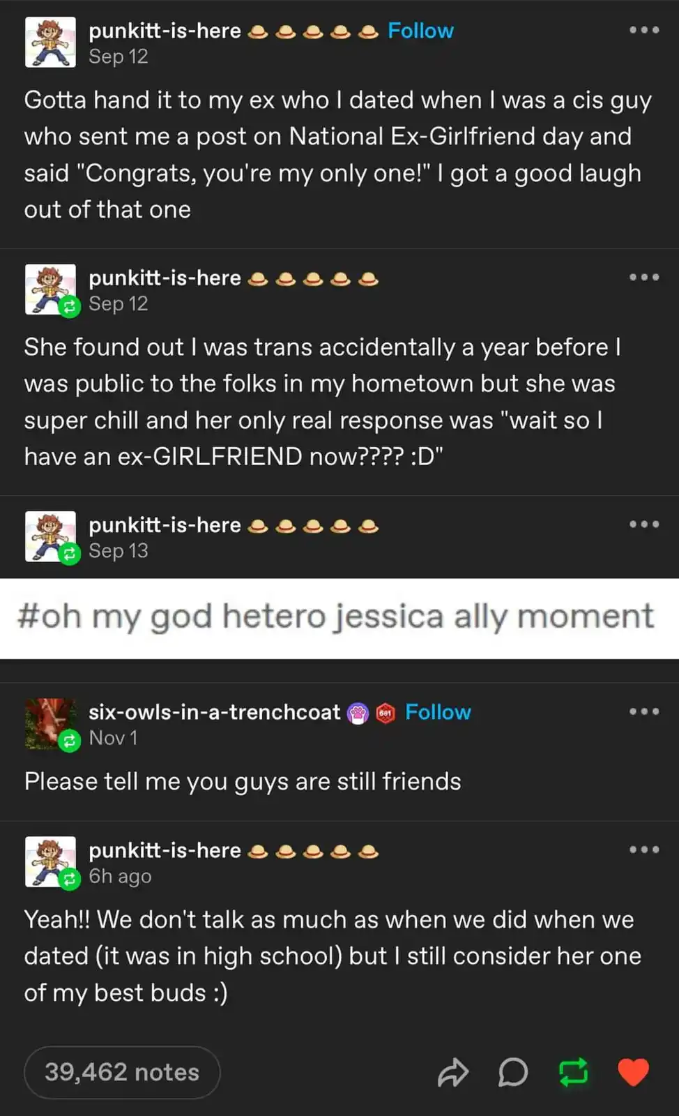 A screenshot of a Tumblr post showing a user named 'punkitt-is-here' sharing a story about their ex-girlfriend who, after…