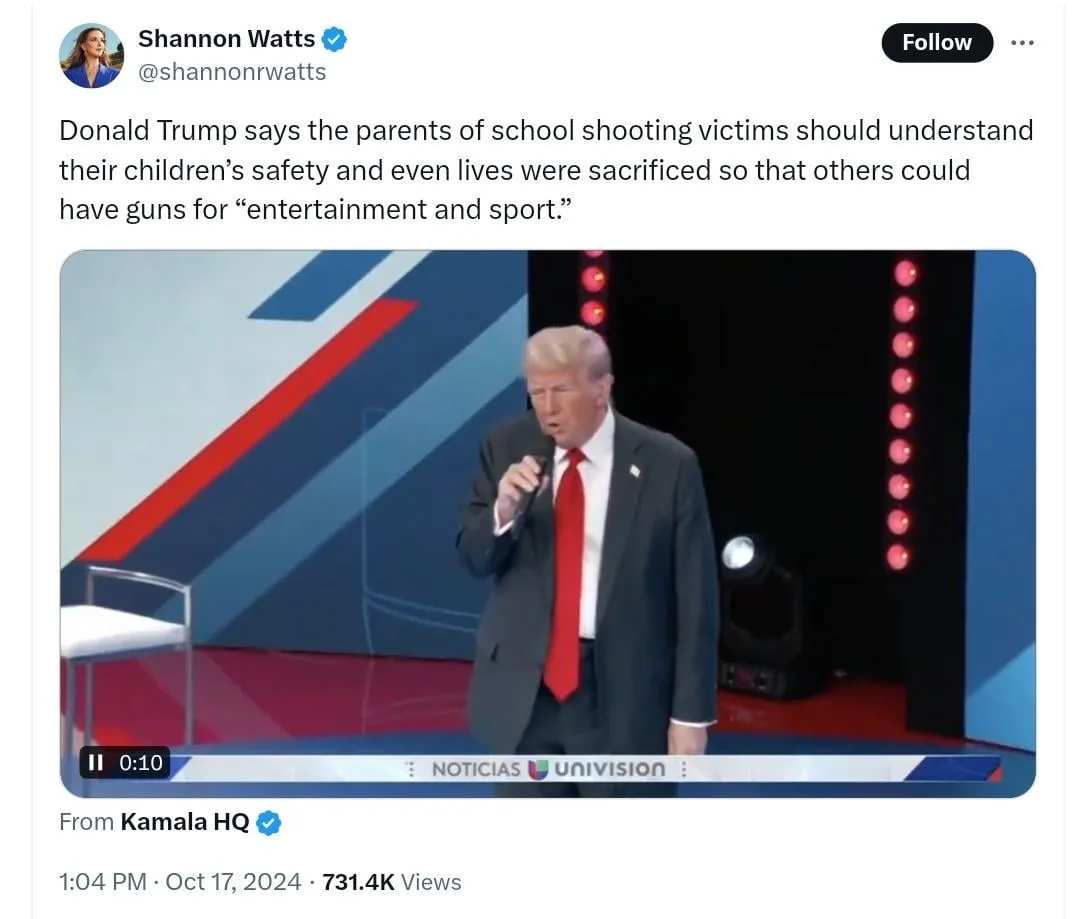 A screenshot of a tweet by Shannon Watts shows a video clip of Donald Trump speaking at a podium with a microphone. He is…