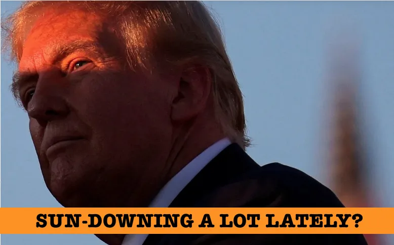 A close-up photo of Donald Trump looking pensive, with warm sunset lighting on his face. An orange banner across the bottom…