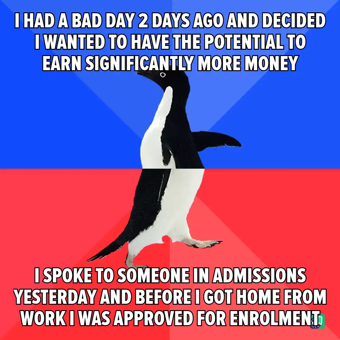 A penguin stands centered against a blue and red background, with white text overlaid in two sections. The top text reads 'I…