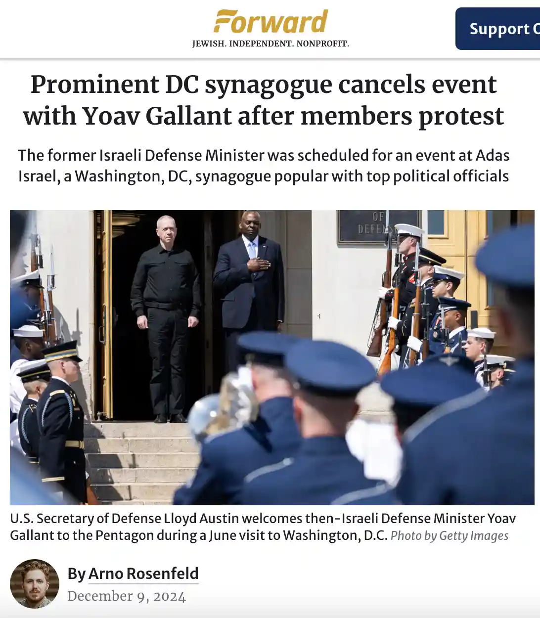 A news article screenshot from 'Forward' shows a photo of former Israeli Defense Minister Yoav Gallant standing at the top…