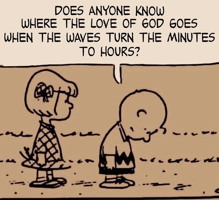 A black-and-white Peanuts comic strip panel shows Lucy van Pelt standing and speaking to Charlie Brown, who is looking down…