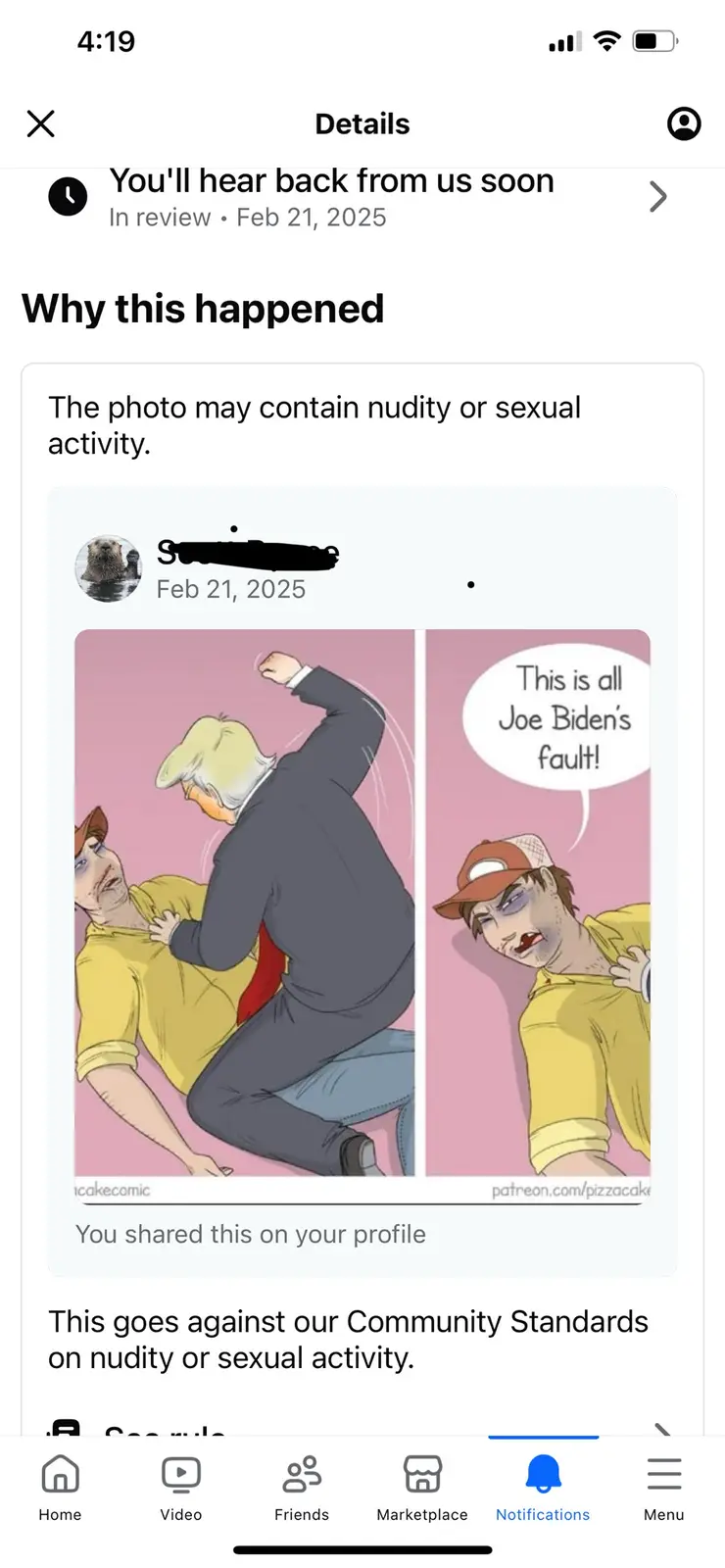 A two-panel cartoon shows a man in a yellow shirt being punched by a man in a suit resembling Donald Trump. In the second…