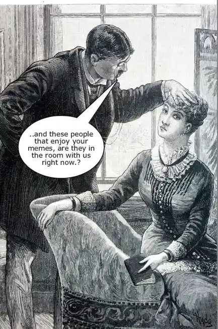 A vintage black-and-white illustration shows a man in a suit leaning over a seated woman in period attire, his hand on her…