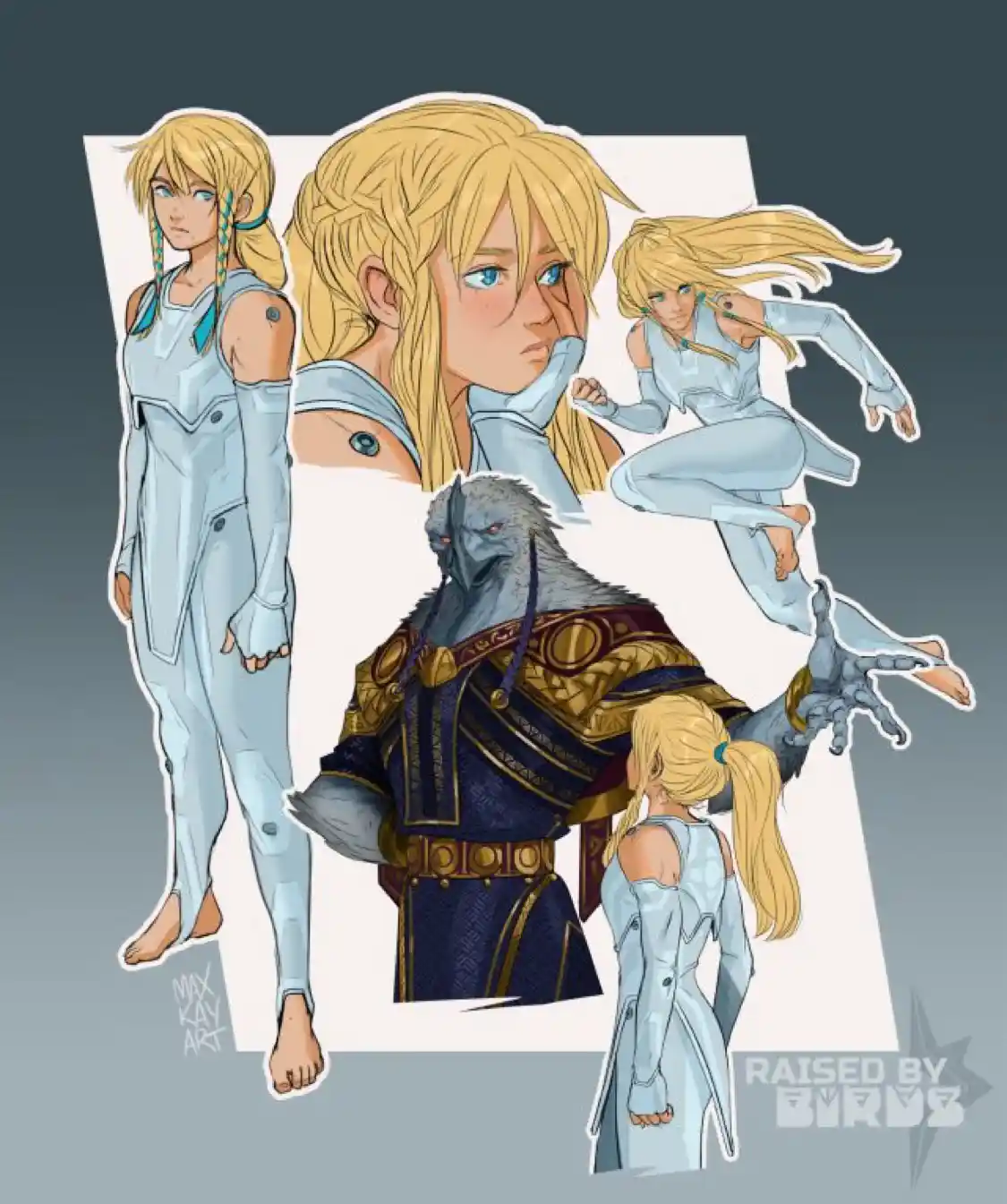 A character design sheet shows multiple poses of a blonde-haired, blue-eyed human woman in a light blue outfit, alongside a…