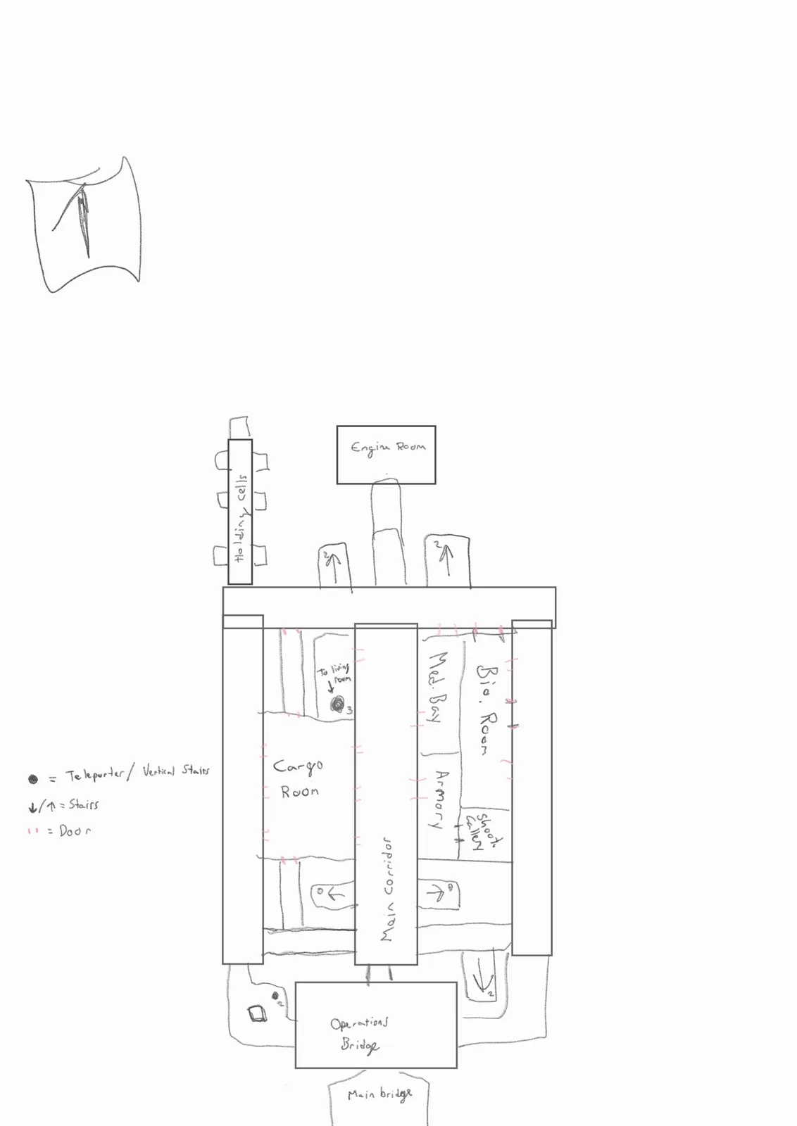 A hand-drawn, simplistic floor plan of a spaceship or space station, labeled with rooms like 'Engine Room', 'Cargo Room'…