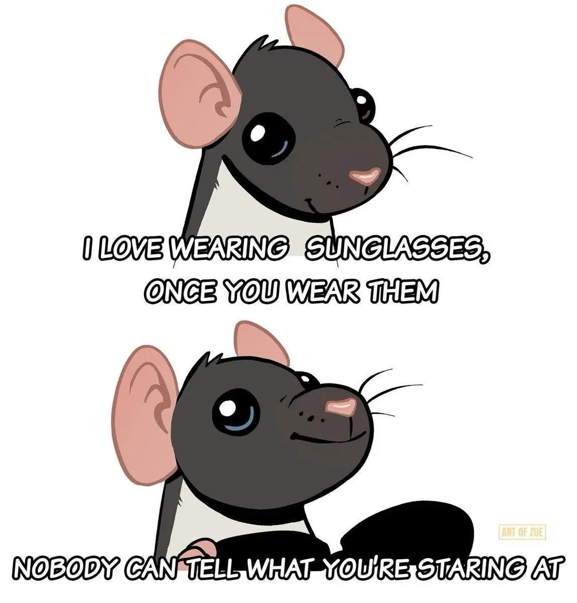 A cartoon rat with large ears and a white chest appears twice. In the top panel, it winks with a smug expression and text…