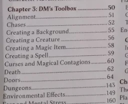 A close-up of a printed Dungeons & Dragons rulebook page showing 'Chapter 3: DM's Toolbox' with a list of topics and page…
