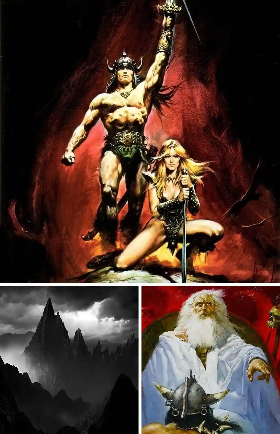 The image is a collage of three distinct fantasy art panels. The top panel shows a muscular, horned warrior holding a sword…