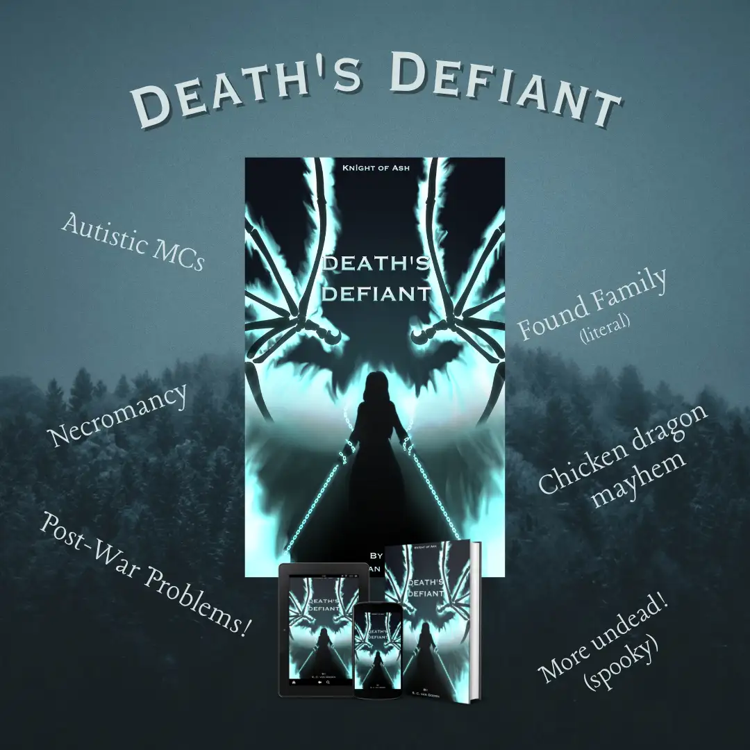 The image displays a book cover for 'Death's Defiant' by Knight of Ash, featuring a silhouette of a person facing a glowing…