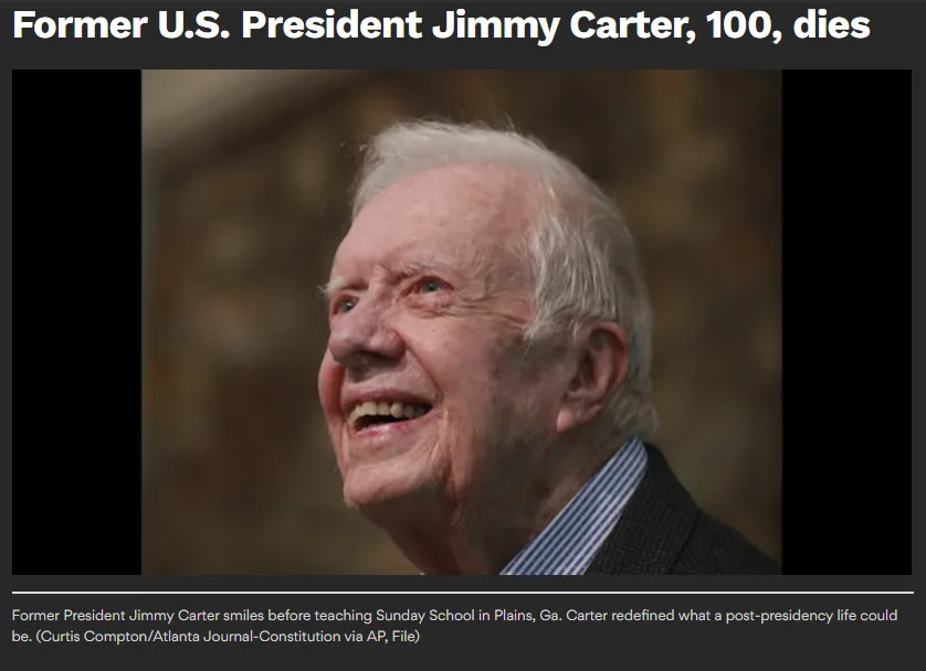A smiling, elderly Jimmy Carter, former U.S. President, is shown in a close-up photo. The image is overlaid with the text…