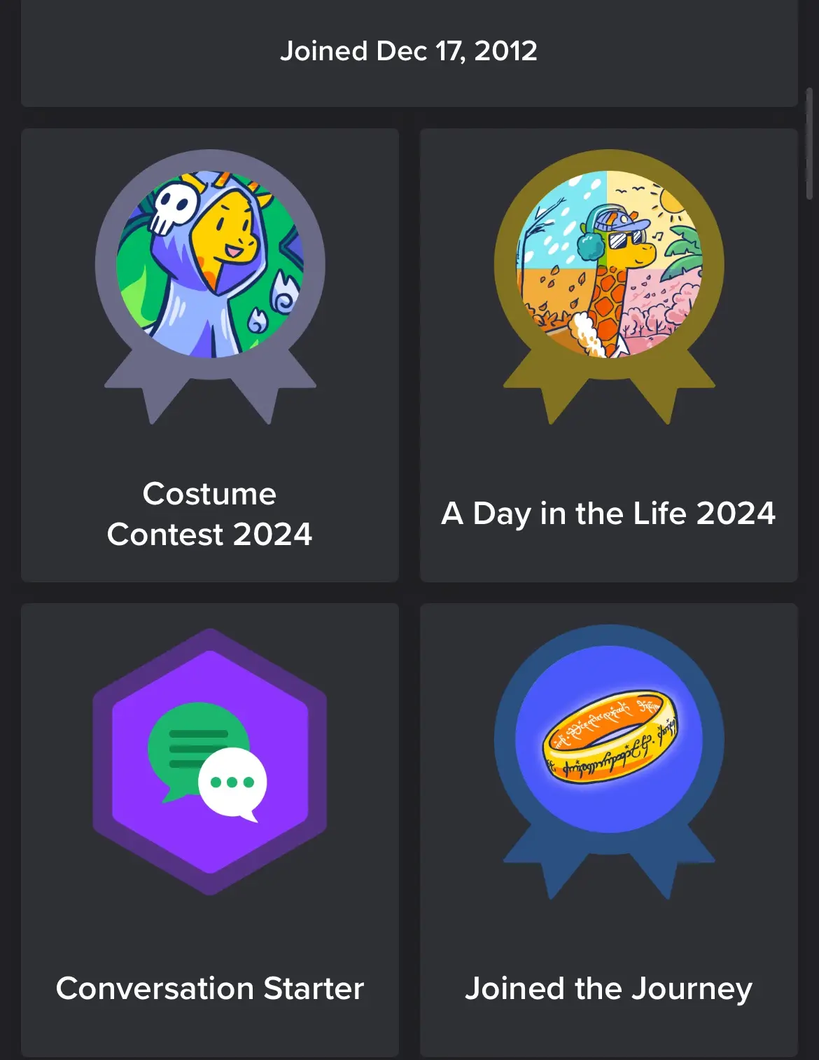 A screenshot of a Discord profile showing four achievement badges: 'Costume Contest 2024' with a cartoon giraffe in a skull…