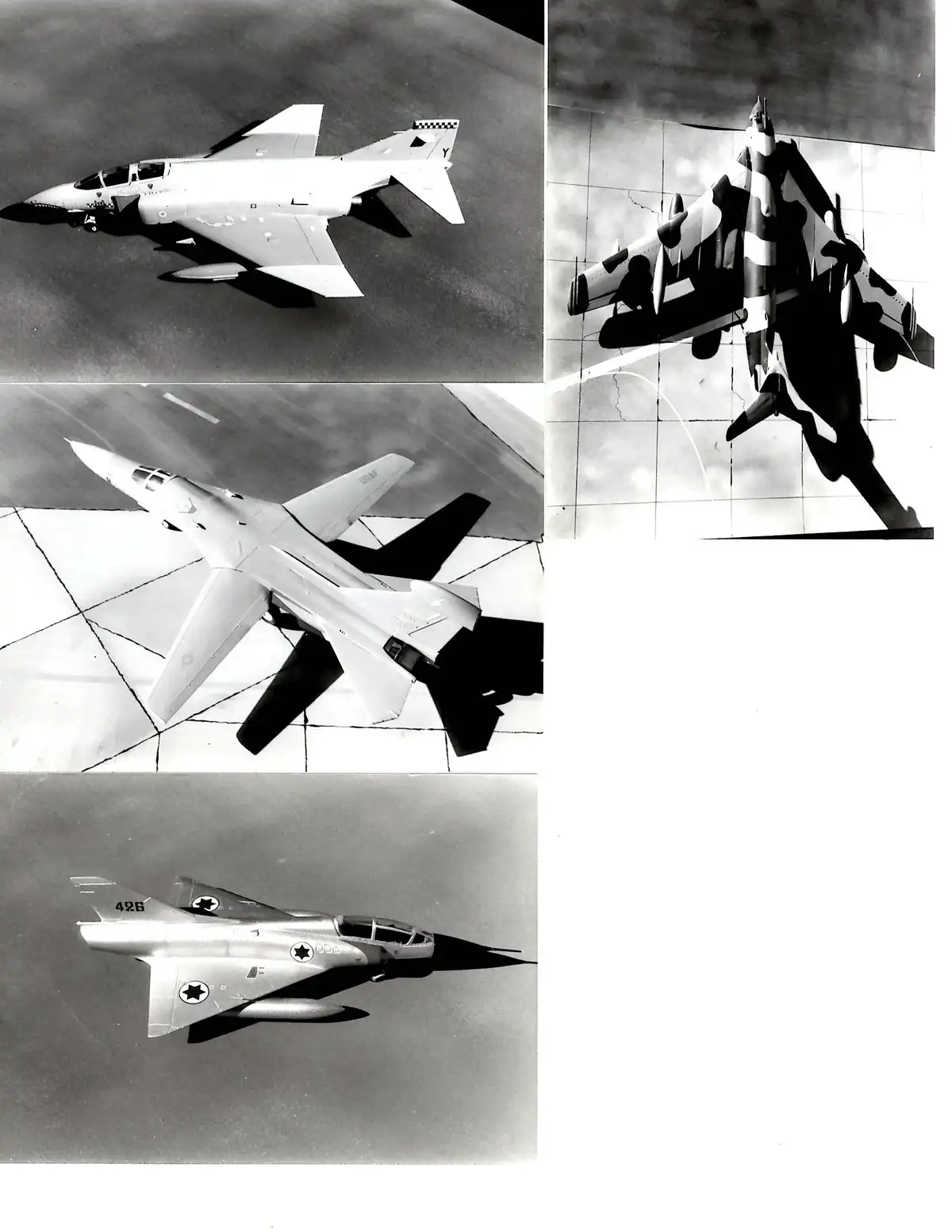 A black-and-white collage of four different military aircraft, each shown from a top-down perspective on a tarmac or runway…