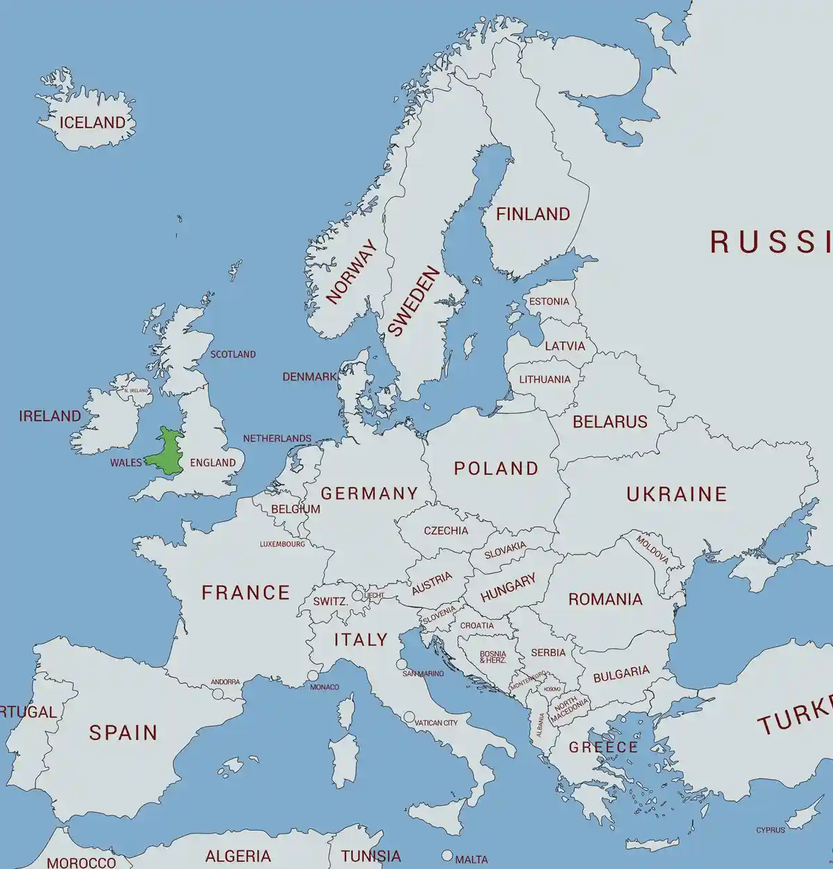 A map of Europe with Wales highlighted in green, while the rest of the UK (England, Scotland, Northern Ireland) is shown in…