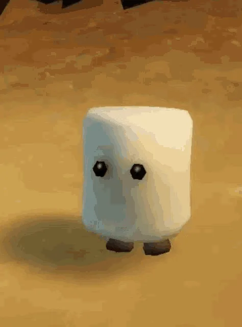 A six-panel image shows a white, cube-shaped marshmallow character with two black eyes and small brown feet standing on a…