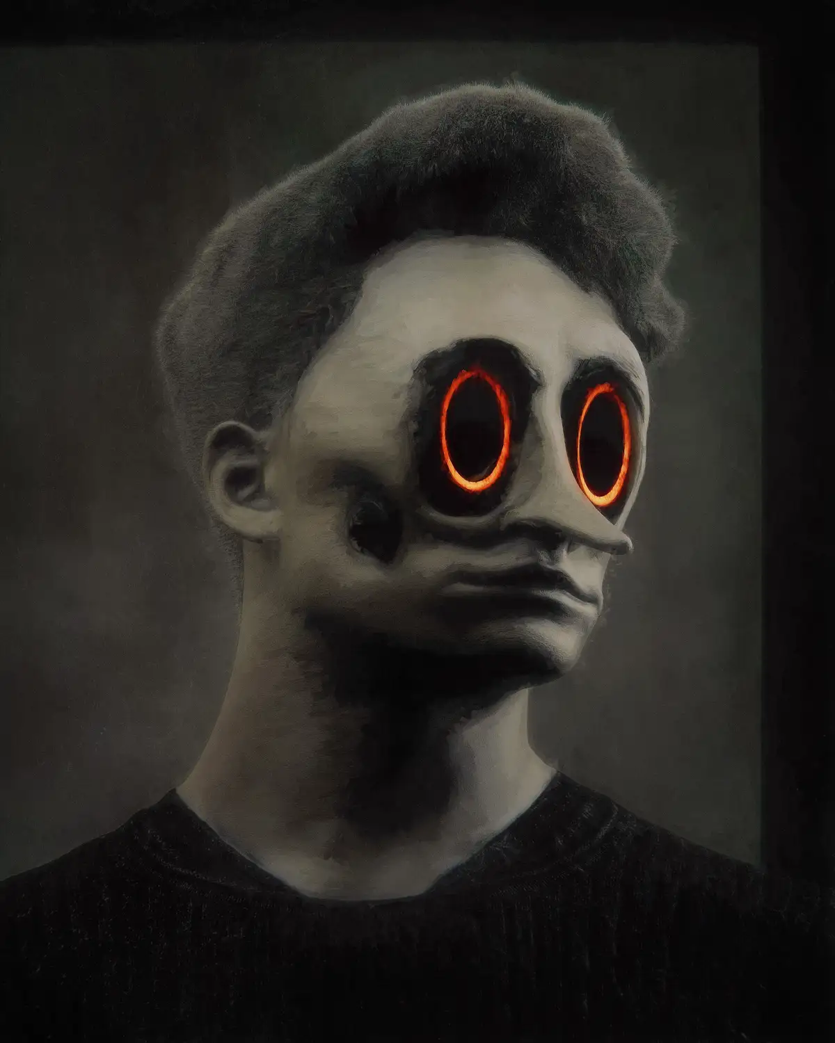 A digitally altered portrait of a man with a pale, doll-like face, dark hair, and glowing red-orange rings around his empty…