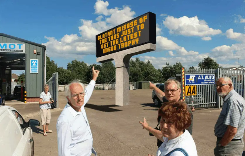 A sequence of images shows a group of older people at an MOT testing station. One man repeatedly points at a large…