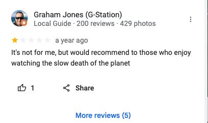A screenshot of a Google review from 'Graham Jones (G-Station)' posted a year ago, showing a one-star rating. The review…
