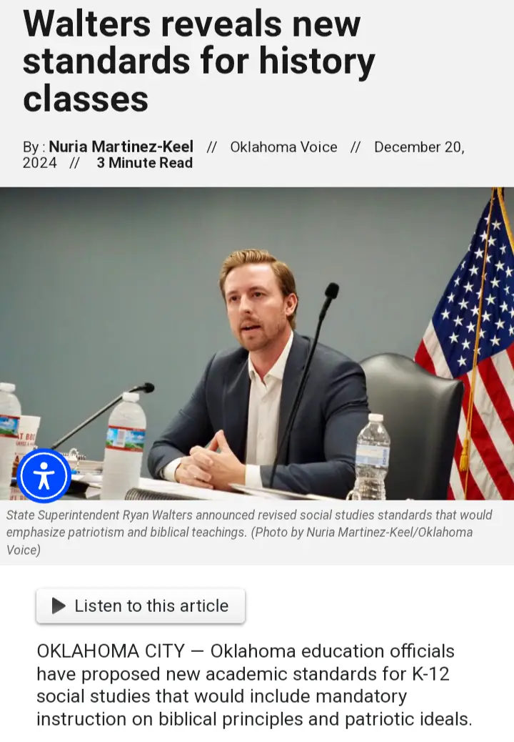 A screenshot of a news article from the Oklahoma Voice dated December 20, 2024, featuring a photo of Ryan Walters…