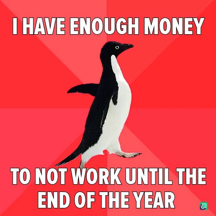 A black-and-white penguin stands centered against a red background with diagonal stripes. White bold text at the top reads…
