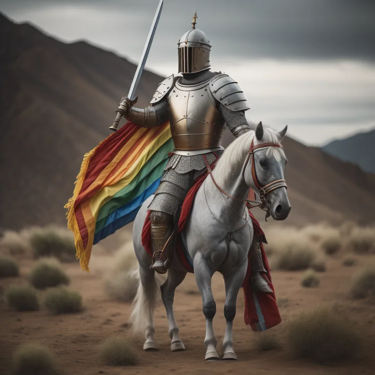 A knight in full metallic armor rides a white horse across a barren desert landscape under a cloudy sky. The knight holds a…