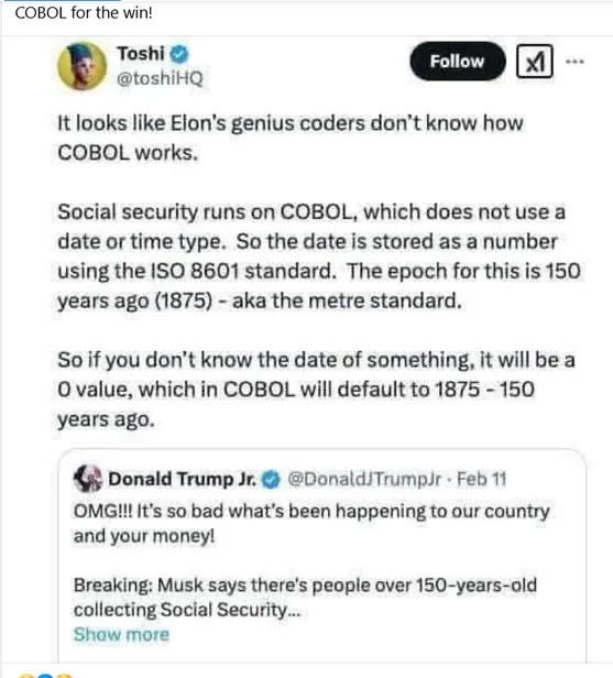 A screenshot of a tweet from Toshi (@toshiHQ) explaining that COBOL, used for Social Security, defaults to 1875 for missing…