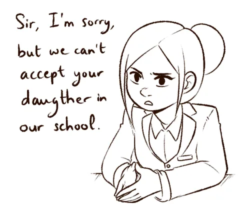 A black-and-white line drawing shows a young woman with her hair in a bun, wearing a collared shirt and blazer, sitting at a…