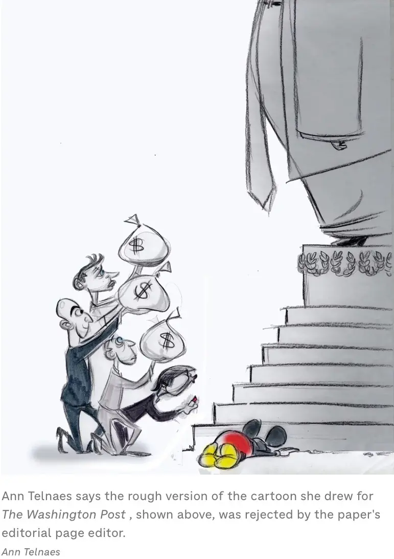 A rough sketch shows three men struggling to lift large sacks marked with dollar signs up a set of stairs toward a giant…