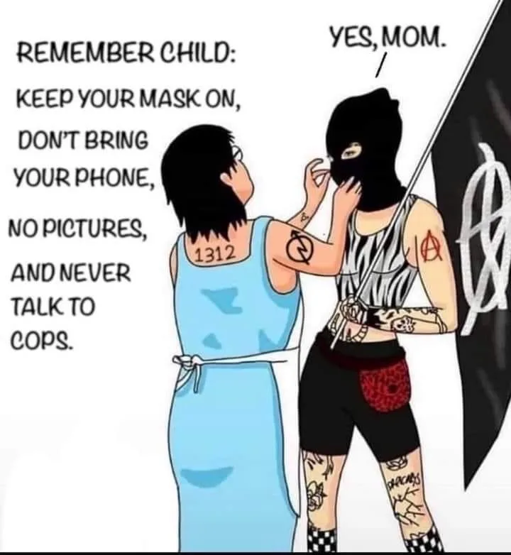 A cartoon depicts a mother in a blue dress with '1312' tattooed on her back, adjusting a black balaclava on her rebellious…