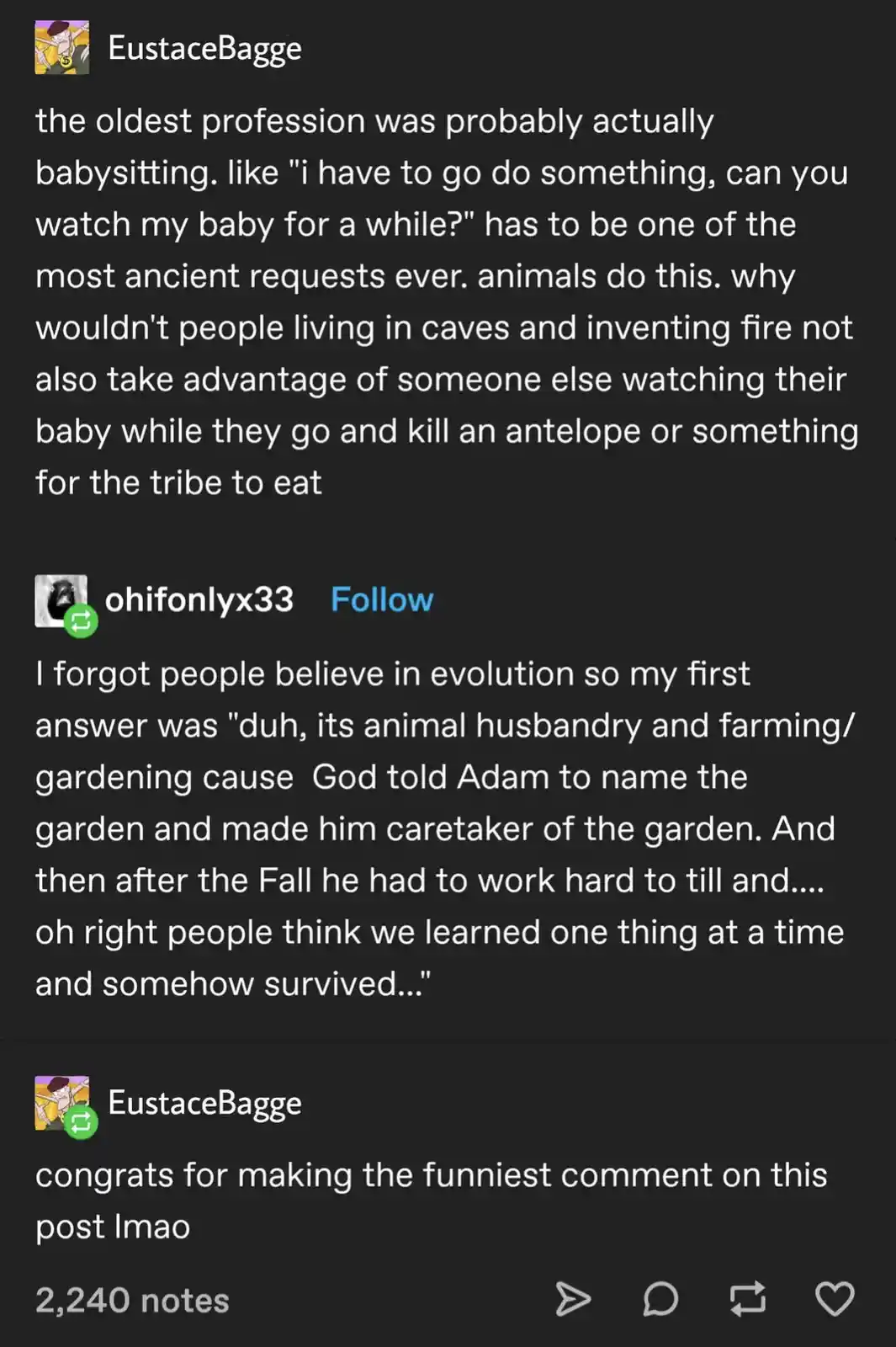 A screenshot of a Tumblr thread shows a user arguing that babysitting is the oldest profession, citing ancient human and…