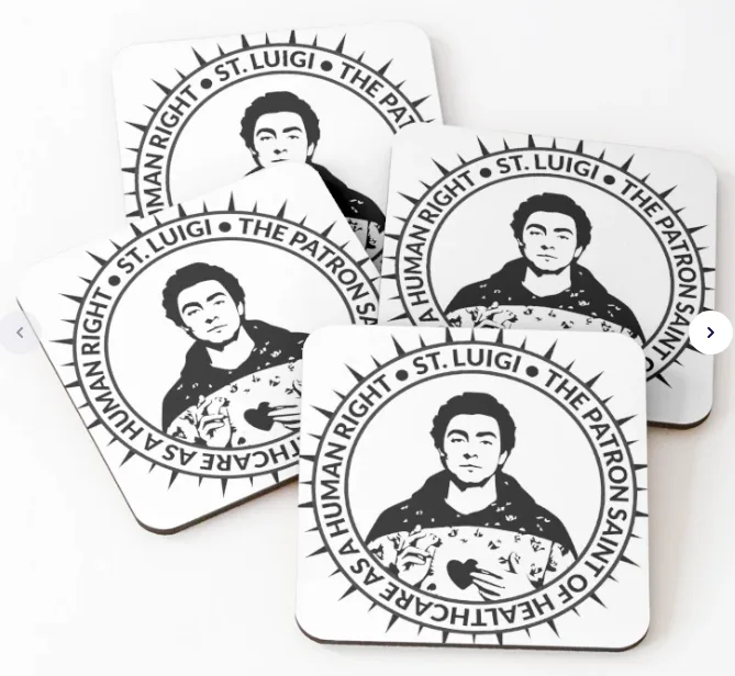 Four square coasters display a black-and-white illustration of a man with a serious expression, holding a heart-shaped…