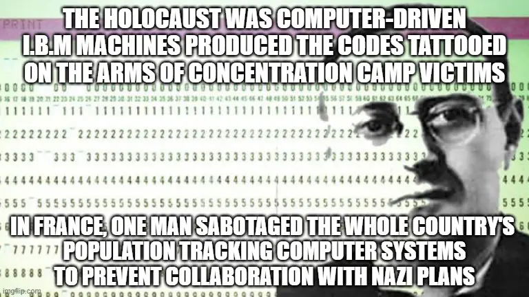 The image features a black-and-white photo of a smiling man, overlaid with bold white text claiming the Holocaust was…
