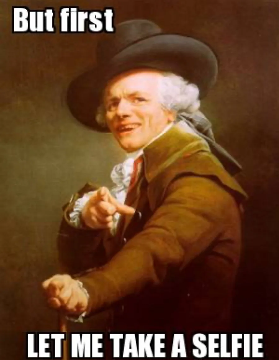 A classical portrait of a man in 18th-century attire, wearing a wide-brimmed hat and brown coat, pointing directly at the…