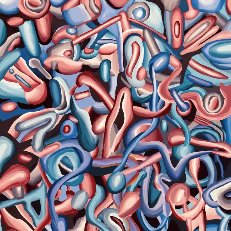 The image is a colorful abstract painting featuring a dense, chaotic tangle of elongated, organic shapes in shades of pink…