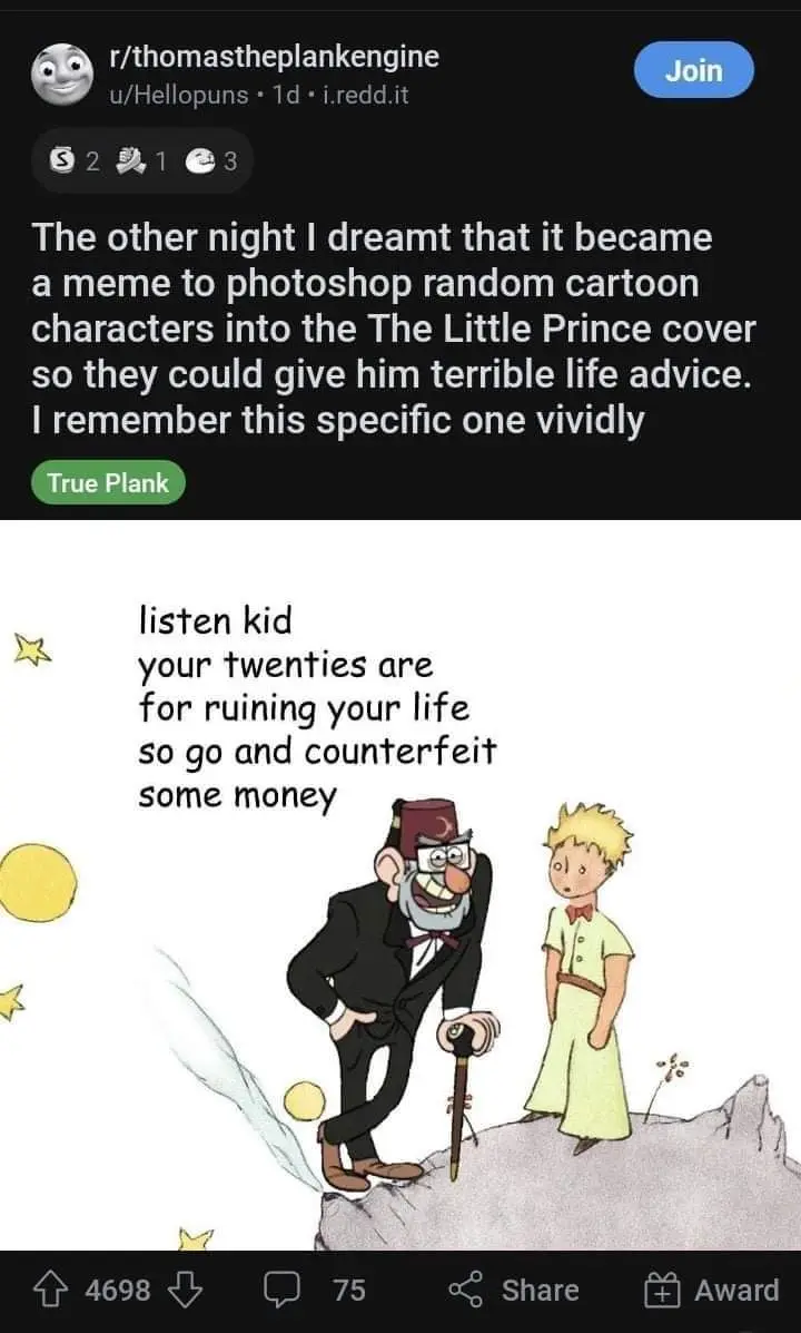 The image shows a cartoon illustration of The Little Prince standing beside a man in a tuxedo and fez, who is leaning on a…
