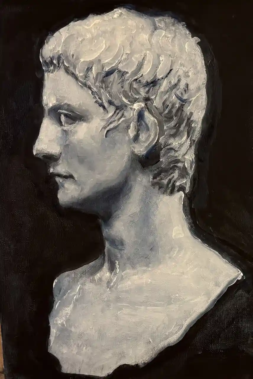 A painting of a classical-style marble bust in profile, rendered in white and gray paint against a black background, with…