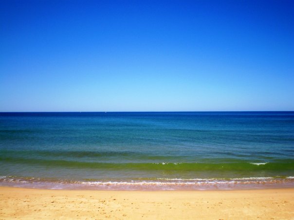 A serene beach scene with clear blue skies, turquoise ocean water gently lapping onto a sandy shore. Overlaid text reads…
