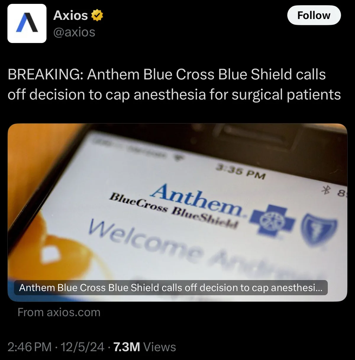 A screenshot of a tweet from Axios shows a smartphone displaying the Anthem Blue Cross Blue Shield welcome screen. The…