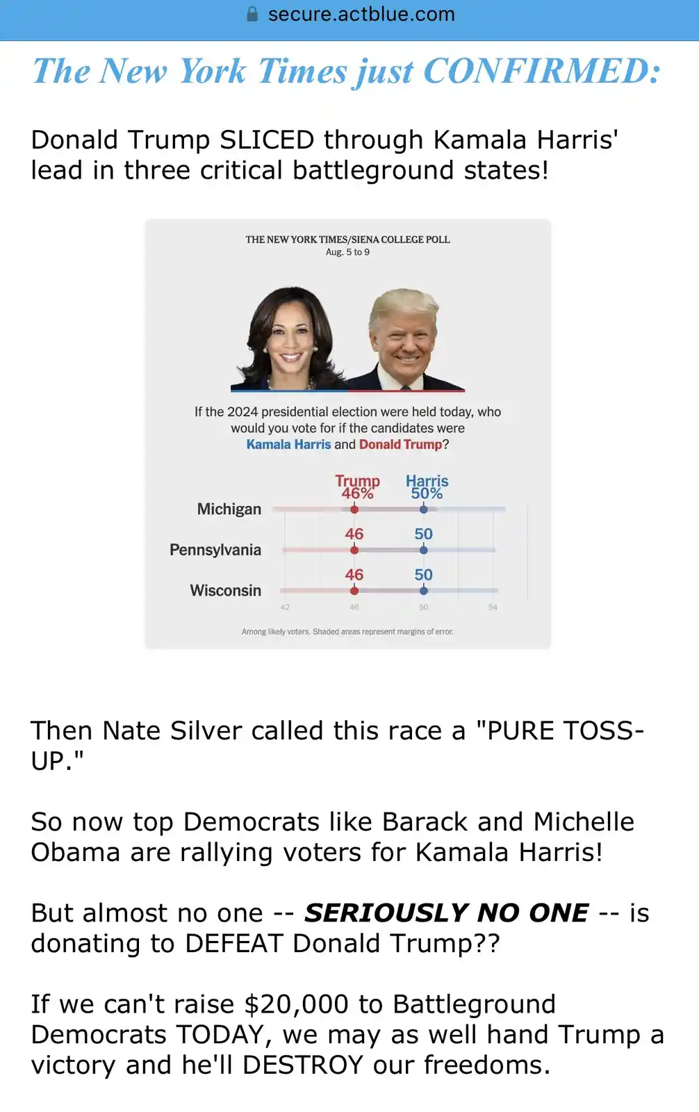The image displays a screenshot of a fundraising page from actblue.com featuring a New York Times/Siena College poll…