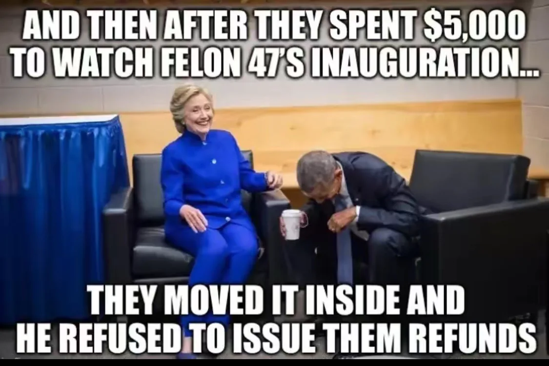 A photo shows Hillary Clinton smiling while seated in a black chair, next to Barack Obama who is bent over, holding a white…