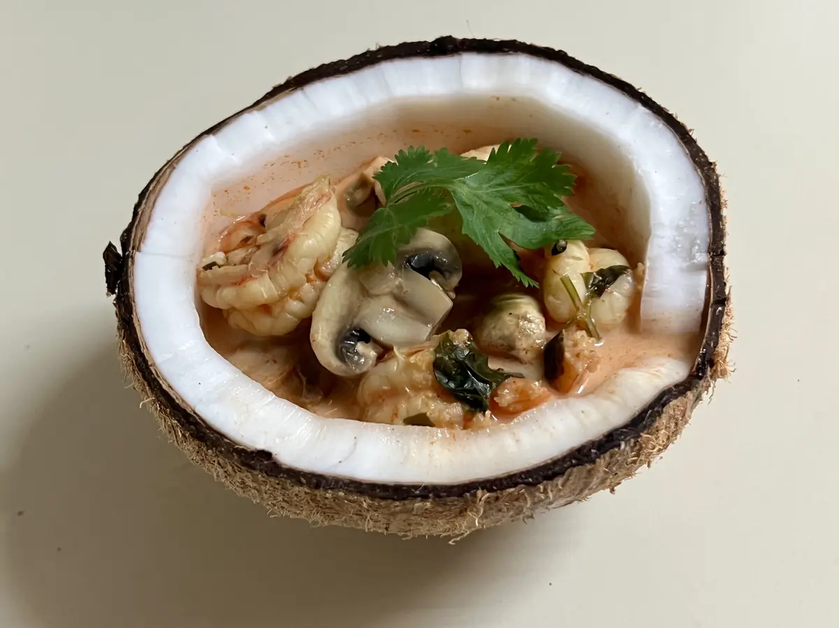 A halved coconut shell filled with a creamy pink curry containing shrimp, mushrooms, and garnished with a fresh cilantro…
